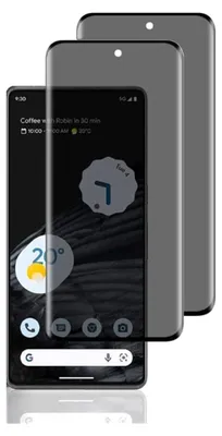 Three privacy screen protectors for a Google Pixel 6 Pro, with one protector shown on a phone screen.