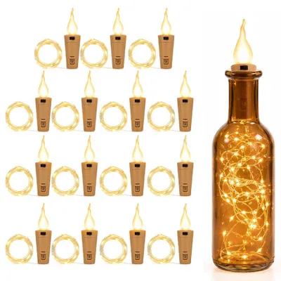 15er Set Flaschenlichterkette mit Korken, Flammenform, 2 m, 20 LEDs