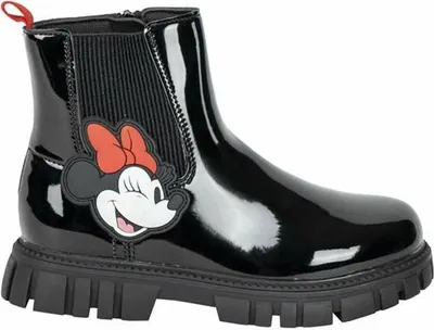A single black boot with a Minnie Mouse applique on a white background.