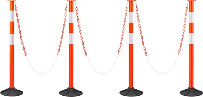 Produktbild von SucceBuy Verkehrsleitpfosten 4-teilig (871 mm) mit stabilem Sockel, reflektierenden Streifen und Ketten, Absperrpfosten für Baustellen, Parkplätze und zur Steuerung von Personenströmen