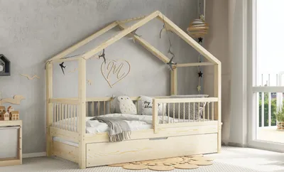 Produktbild von MUSA BIS2 Hausbett Kinderbett Holzbett 70x140 Naturholz, Schubkasten mit Schlaffunktion, 2 Lattenroste, Rausfallschutz