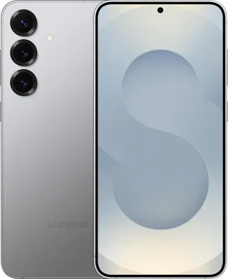 A silver Samsung smartphone is shown from the back and front.