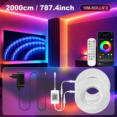 Produktbild von RGBIC LED-Lichtstreifen - App-Steuerung mit Musik-Synchronisation - 20 m - Segmentierte Farben - Flexible Neon-Ambientebeleuchtung - Wasserdicht - EU-Stecker 220–240 V