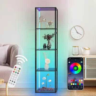 Produktbild von Holz Bücherregal mit LED-Beleuchtung 5 Stufige Regal Stehleuchte  Stehlampe Wohnzimmer mit APP FB Standleuchte Eckregal für Wohnzimmer, Schlafzimmer