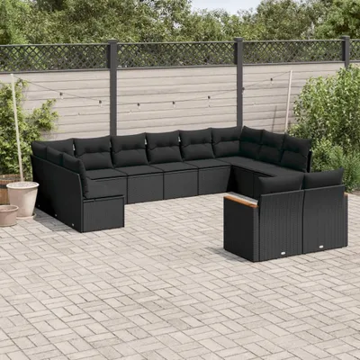 Produktbild von Design 12-tlg. Garten-Sofagarnitur mit Kissen Schwarz Poly Rattan, Gartenmöbel-Sets 2024 Neu