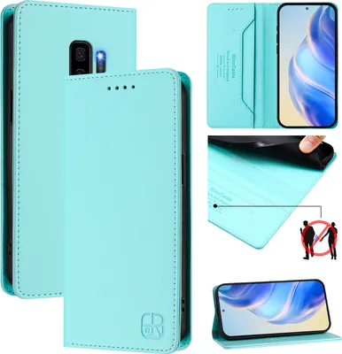 Produktbild von Lederhülle für Samsung Galaxy S9 Plus Hülle Flip Brieftasche Kartenfächern Ständer Schutzhülle Türkis
