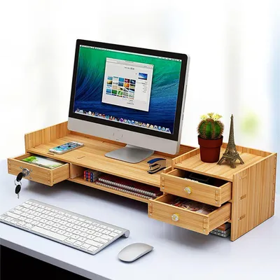 Zdjęcie produktu dla Stojak na monitor z szufladą i półką, bambus, regulowana wysokość 13,5 cm