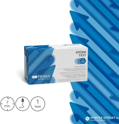 A product box for a male fertility test, with graphic elements in the background.