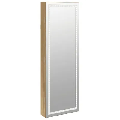 A tall, narrow, vertically oriented jewelry cabinet with a mirror and LED lights.