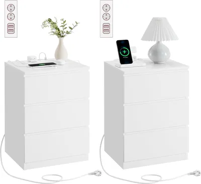 Produktbild von Songmics Nachttisch Set mit Steckdosen Modern Weiss