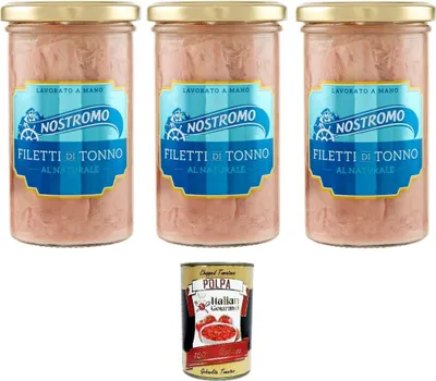 Produktbild von Nostromo Filetti di tonno al Naturale Natürliche Thunfischfilets 3x 250gr+ Italian Gourmet polpa 400g