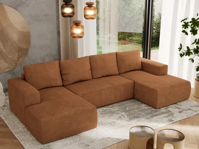 Produktbild von MKS MEBLE Sofa mit Schlaffunktion - Ecksofa mit Schlaffunktion und Bettkasten - Sofa 5 Sitzer - Schlafsofa - Couch - Schlafsofa mit Bettkasten - Trentino U - Orange Struktur