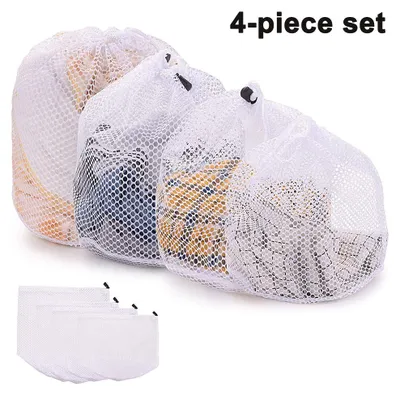 Obrázek produktu pro Sada sít pro praní, 4 velikosti, pro pračku, sáček na prádlo se šňůrkou, pro jemné prádlo, ochranný obal, polyester