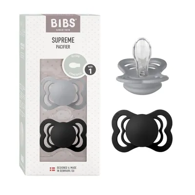 Produktbild von BIBS Supreme Schnuller 2er-Pack, BPA-frei, Symmetrischer Nippel. Silikon, Hergestellt in Dänemark. Größe 1 (0-6 Monate), Cloud / Black