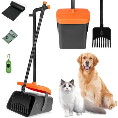 Produktbild von Hundekotschaufel Schwenkbehälter Rechen Spaten, Drehbarem Hundekotsammler Hundekotpicker, Kotschaufel und Rechen-Set mit 46" Länge Griff und Harke