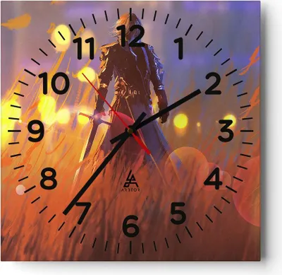 Produktbild von Wanduhr - Quadrat - Glasuhr - Krieger Schwert - 30x30cm - Schleichendes Uhrwerk - Lautlos - zum Aufhängen bereit - Dekoration Modern - Wanddekoration aus Glas - C4AC30x30-3819