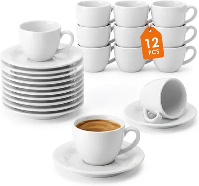 Produktbild von Kaffeetasse aus Porzellan mit Untertasse in Weiß, 140 ml, bauchig - 24-teiliges Set