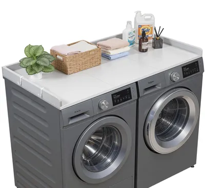 Obrázok produktu pre Pracovná doska VEVOR pre práčku a sušičku (137 x 69,9 cm) so zvýšeným okrajom a háčikmi, na organizáciu a odkladanie v skrini na bielizeň, komore alebo na kuchynskom pulte, nosnosť až 113 kg, sivá