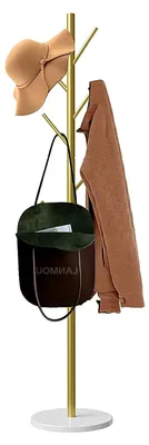 Produktbild von Garderobenständer aus Metall, Jackenständer in Baumform, goldfarben mit Marmorfuß, stabil, 7 Haken für Jacken, Hüte, Kleiderständer für Schlafzimmer, Wohnzimmer, Büro, Höhe 170 cm