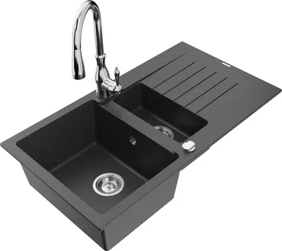 Produktbild von Mexen Matias 1,5-Becken-Granitspüle mit Abtropffläche und Mischbatterie Savita, Schwarz gesprenkelt - 6502-76-672601-00