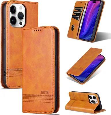 Produktbild von Leder Hülle für iPhone 16 Pro, Klapphüllen Brieftasche Magnetverschluss Ständer Schutzhülle Gelb