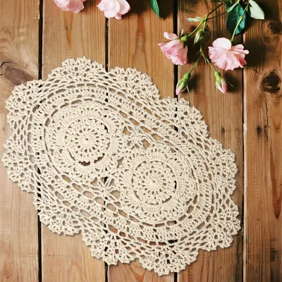 2 ovale Baumwoll-Platzsets, 25 x 35 cm, beige, gehäkelt, rutschfest