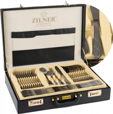 Zdjęcie produktu dla Zestaw sztućców Zilner w walizce, 72 elementy, 12 osób, stal nierdzewna, widelec, łyżka, nóż ZL-6508