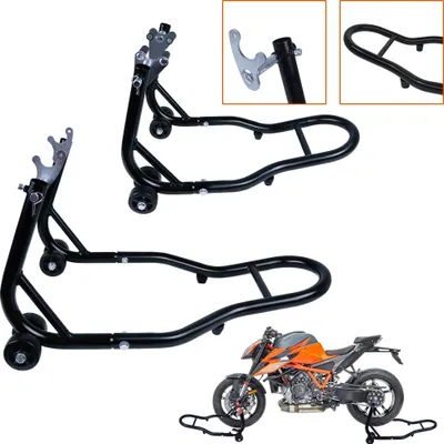 Obrázek produktu pro XINZI Sada 2 ks stojanů na motocykl – přední a zadní kombinovaný montážní stojan pro zvedák motocyklu, přepravní stojan, montážní pomůcka, černá