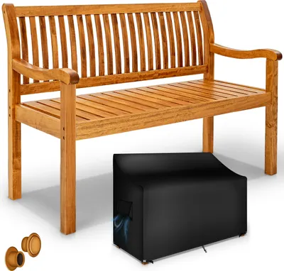 A wooden garden bench and a black cover for it, shown on a white background.