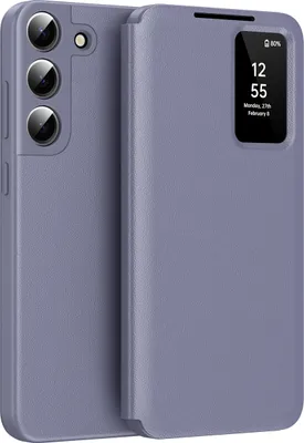 A purple flip case for a Samsung Galaxy S22 phone is shown.