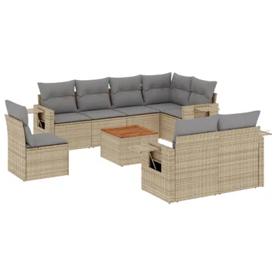 Produktbild von vidaXL 9-tlg. Garten-Sofagarnitur mit Kissen Beige Poly Rattan
