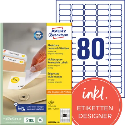 Produktbild von Avery Zweckform L4732REV-100 Universal-Etiketten, ablösbar, A4 35,6 x 16,9 mm, weiß