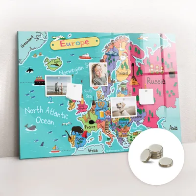 Obrázok produktu pre Magnetická tabuľa na stenu - Memo Tabuľa Sklenená - vrátane 5 magnetov - 100x70 cm - Mapa Európy