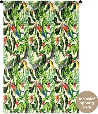 Produktbild von MuchoWow® Wandteppich Wandbehang Blumen - Hibiskus - Vogel - Muster 90x135 cm Tapisserie Dekoration Wandtuch - Baumwolle - Wandskulptur