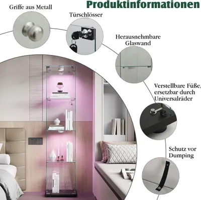Produktbild von Glas Vitrinenschrank - Schaukasten - LED-Lampe - 2 Türen - 4 Einlegeböden - Maße 163 x 78,5 x 35 cm - Schwarz