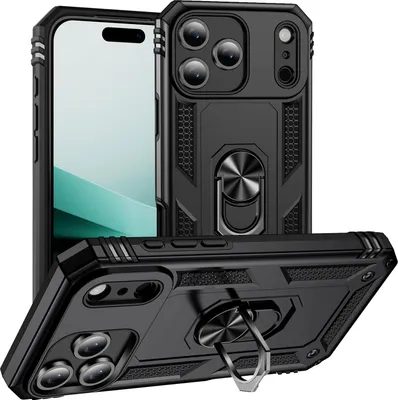 Produktbild von Schutzhülle für iPhone 17 Pro Dual Layer Robust Militäre Fallschutz Hülle mit Ringhalterung Ständer Schwarz
