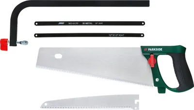 A set of saws, including a hacksaw frame, two blades, a handsaw, and another blade, laid out on a white background.