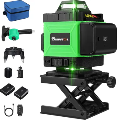 A green 4D 16-line laser level with various accessories, displayed on a white background.