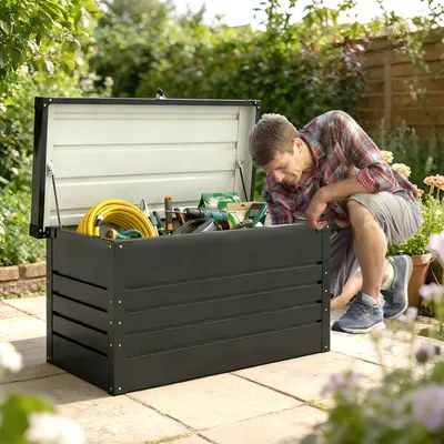 Produktbild von Sweiko Gartenbox Metall 350L Kissenbox mit doppelwandig Deckel 120 x 61 x 62 cm Wasserdicht Abschließbar Grau