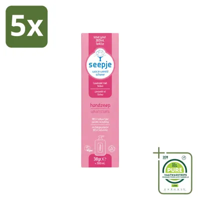 Immagine prodotto di 5 ricariche di sapone liquido per le mani Seepje, profumo di lavanda e tonka, 38 g ciascuna, confezione grande da 5 pezzi