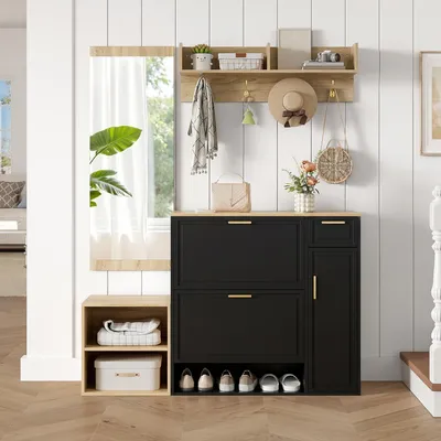 Produktbild von Flieks 4-teiliges Garderoben-Set mit Schuhschrank, Sitzbank, Wandgarderobe & Spiegel, Flurmöbel-Set für Diele, Eingangsbereich, Wandgarderobe, Schwarz