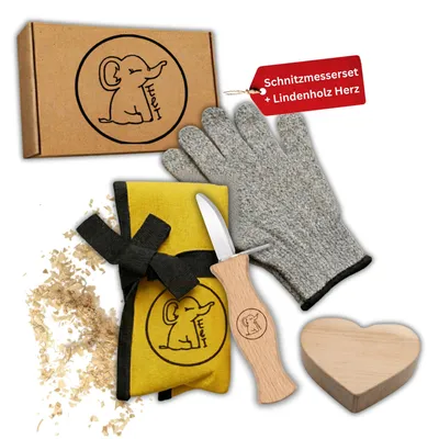 Produktbild von Eli® Schnitzmesser Kinder Set ab 6 Jahre inkl Schnitzholz Herz und schnittfeste Handschuhe - hochwertiges Kindermesser Schnitzset Kinderschnitzmesser