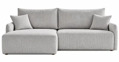 Produktbild von Ecksofa FLUFFY L-Form, Universal, Modernes Bettsofa mit Schlaffunktion und Bettkasten, Schlafsofa, Couch beidseitig montierbar, GRAU - POSO 55, KI-generiertes Bild