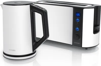 Produktbild von Arendo Frühstücksset, Wasserkocher mit Temperatureinstellung, Edelstahl, 2200W, 1,5L + Toaster 2 Scheiben, Langschlitztoaster 2 Scheiben, Langschlitz, 1000W, Weiß