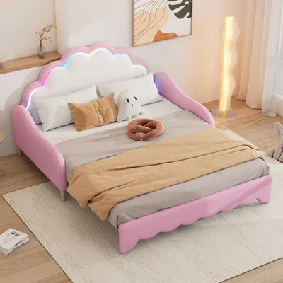 Immagine prodotto di STILVORA Letto imbottito 140×200 cm, letto per bambini con illuminazione a LED, con due forme di divano letto e letto piatto, design multifunzionale, rosa
