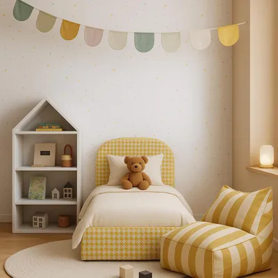 Image de Lit rembourré moderne Sofello 90-120 x 200 MOON Jaune 90 x 200 Sommier à lattes métalliques Lit haut de gamme avec coffre de rangement – Collection enfant