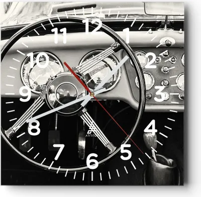 Produktbild von Wanduhr - Quadrat - Glasuhr - Lenkrad Auto Vintage - 40x40cm - Schleichendes Uhrwerk - Lautlos - zum Aufhängen bereit - Dekoration Modern - Wanddekoration aus Glas - C4AC40x40-4853