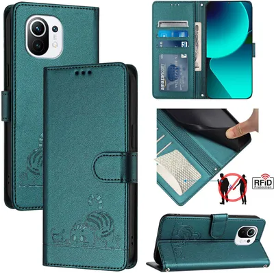 Produktbild von Leder Hülle für Xiaomi Mi 11 Süße Katze Flip Case Brieftasche Schutzhülle mit Standfunktion Grün