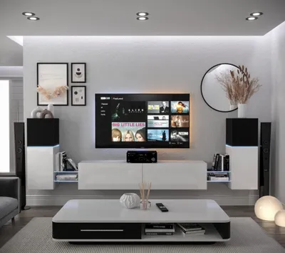 Obrázek produktu pro Furnitech Obývací stěna - Moderní závěsná skříňka - Obývací stěna s policemi a TV skříňkou - Nábytek do obývacího pokoje bez LED (AN104-21BW-HG3 - 1A)
