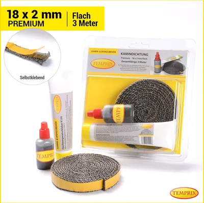 Produktbild von Temprix Kamindichtung & Ofendichtung 18 x 2 mm Premium - 3 Meter inkl. Kleber | feuerfeste Ofenschnur, Kaminschnur & Dichtband bis 650°C temperaturbeständig | Dichtung für Kamin, Ofen & Grill